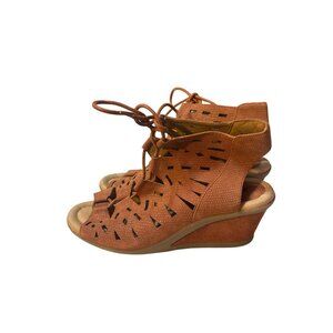 Earth Brown Peep-Toe Wedge Sandals With Cutout Design & Lace-Up Front Womens Siz